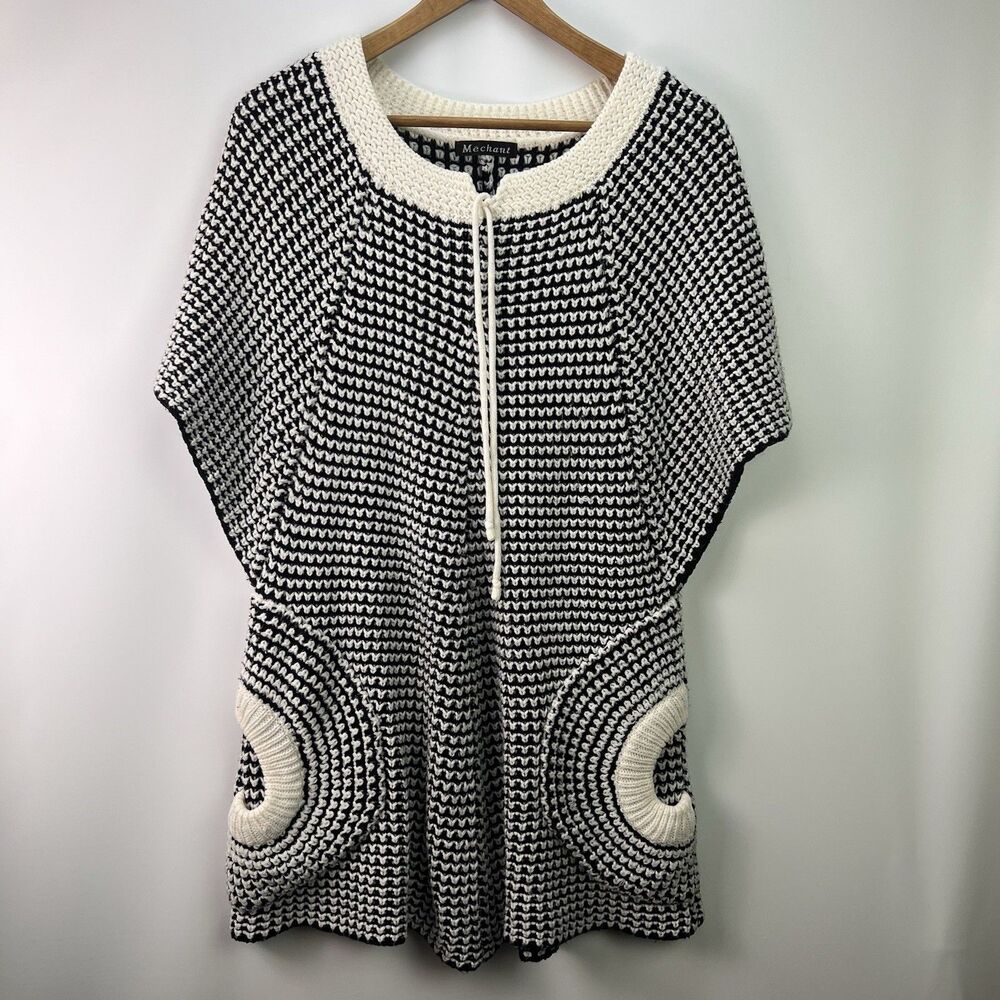 Mechant Black White Chunky Knit Sweater Tunic Armholes Pockets Drawstring OSFM